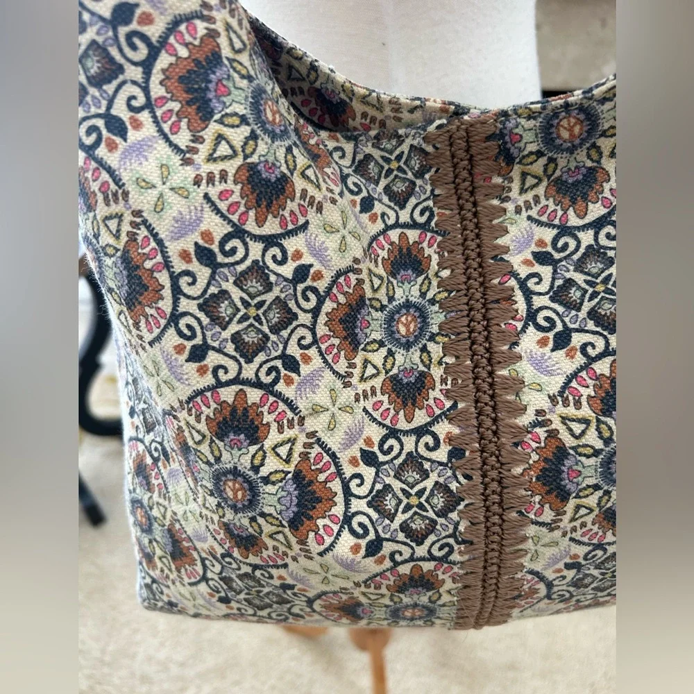 Sakroots Atlas Hobo Mosaic Cambria Print Hobo Bag with Brown Leather Straps